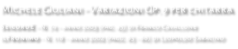 Michele Giuliani - Variazioni Op. 9 per chitarra SeicordE - N. 74 - anno 2003 (pag. 45) di Franco Cavallone ilFronimo - N. 118 - anno 2002 (pagg. 65 - 66) di Leopoldo Saracino